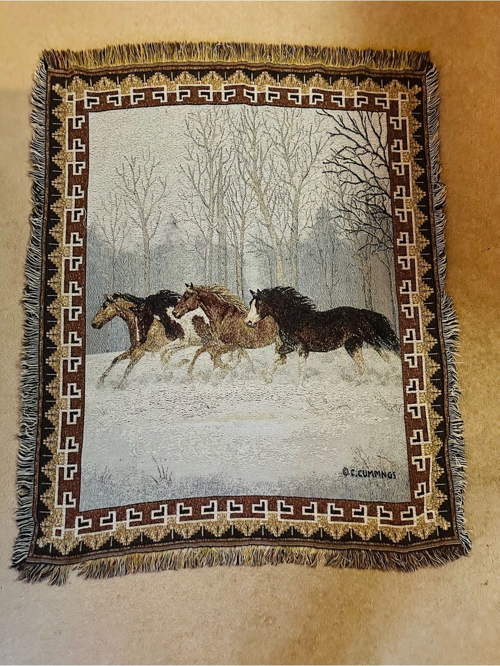 Vintage horse afghan C. Cummings Horse Tapestry Wall Throw in Brown and Cream